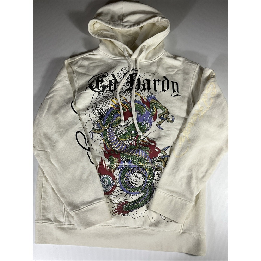 Ed Hardy Dragon Graphic Ivory Long Sleeve Hoodie Hooded Sweatshirt Men's Small